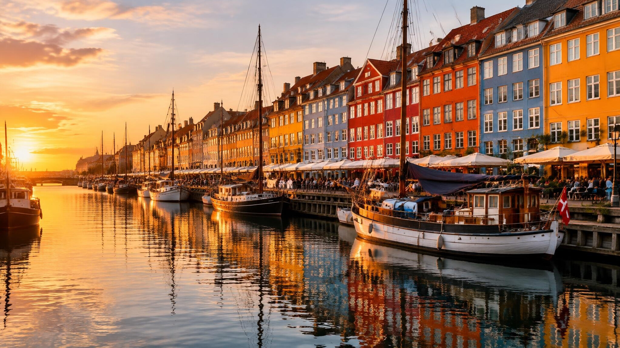 Colorful houses along Nyhavn canal in Copenhagen at dusk