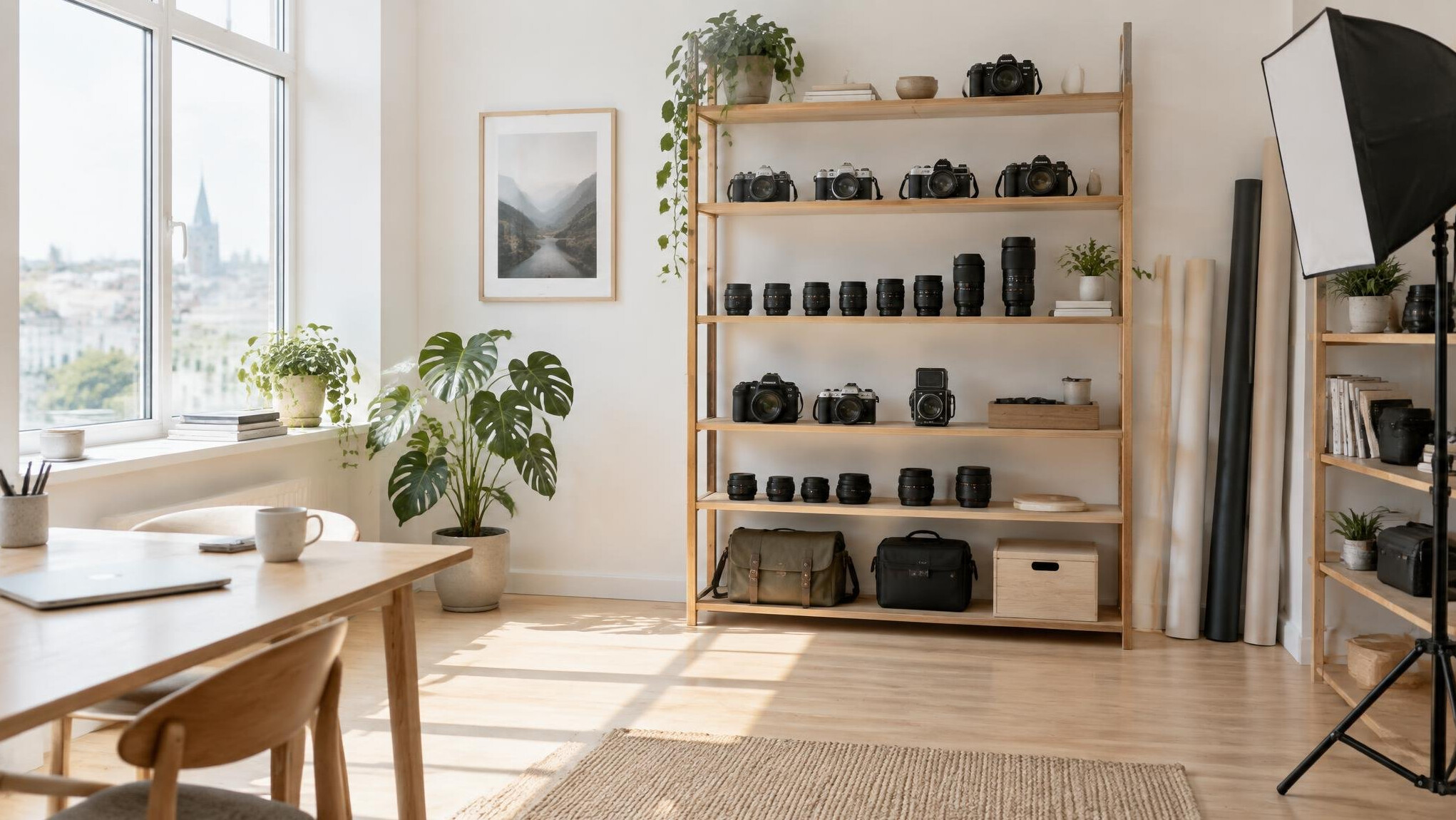 Bright minimalist studio interior with camera equipment on shelves